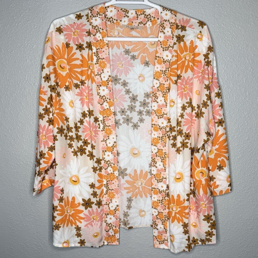 My‎ Danielle Floral Kimono Cardigan L Boho Festival 70s Vibe Mod Cottagecore